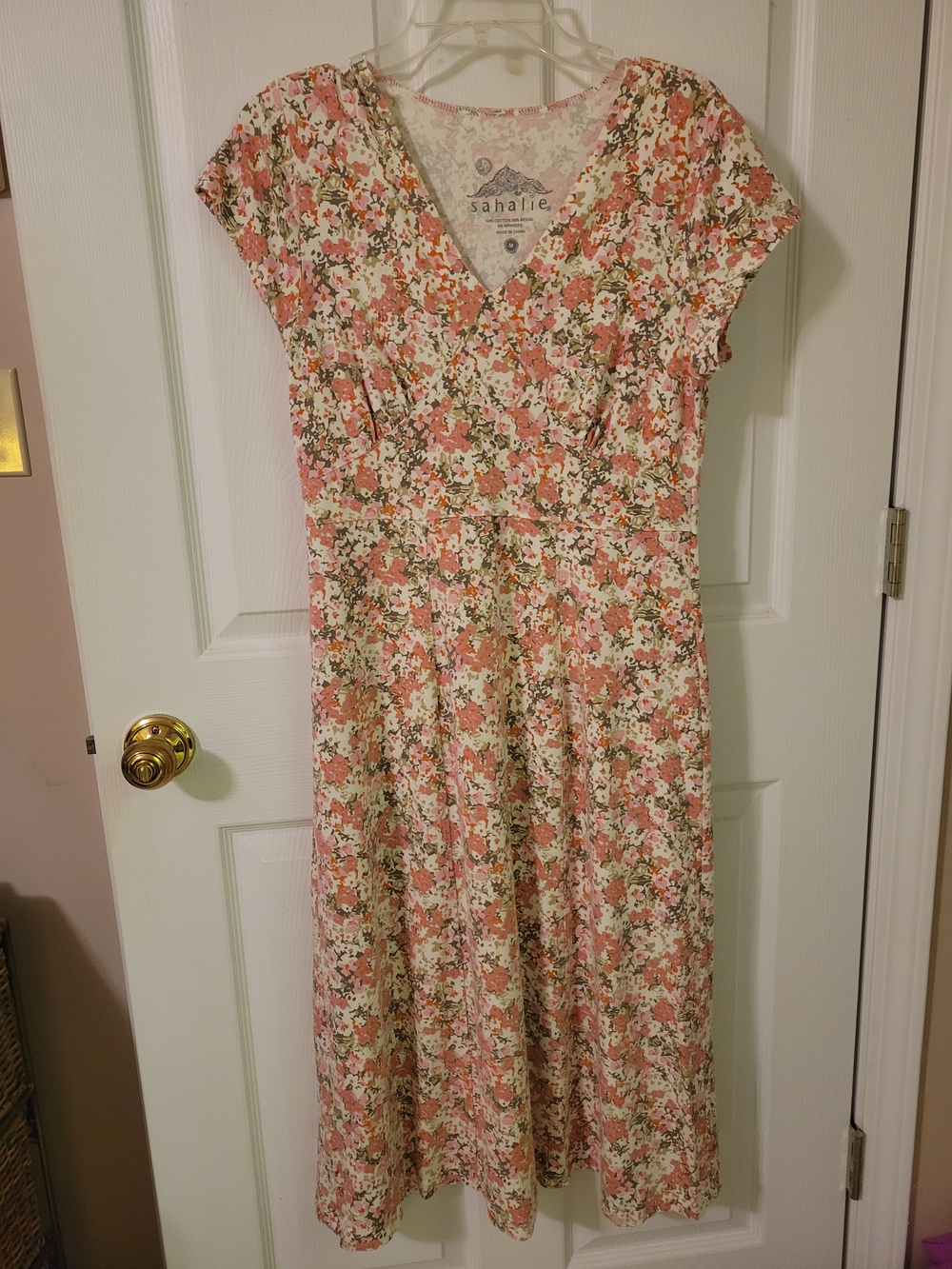 sahalie Pink Floral Midi Dress with Green Accents